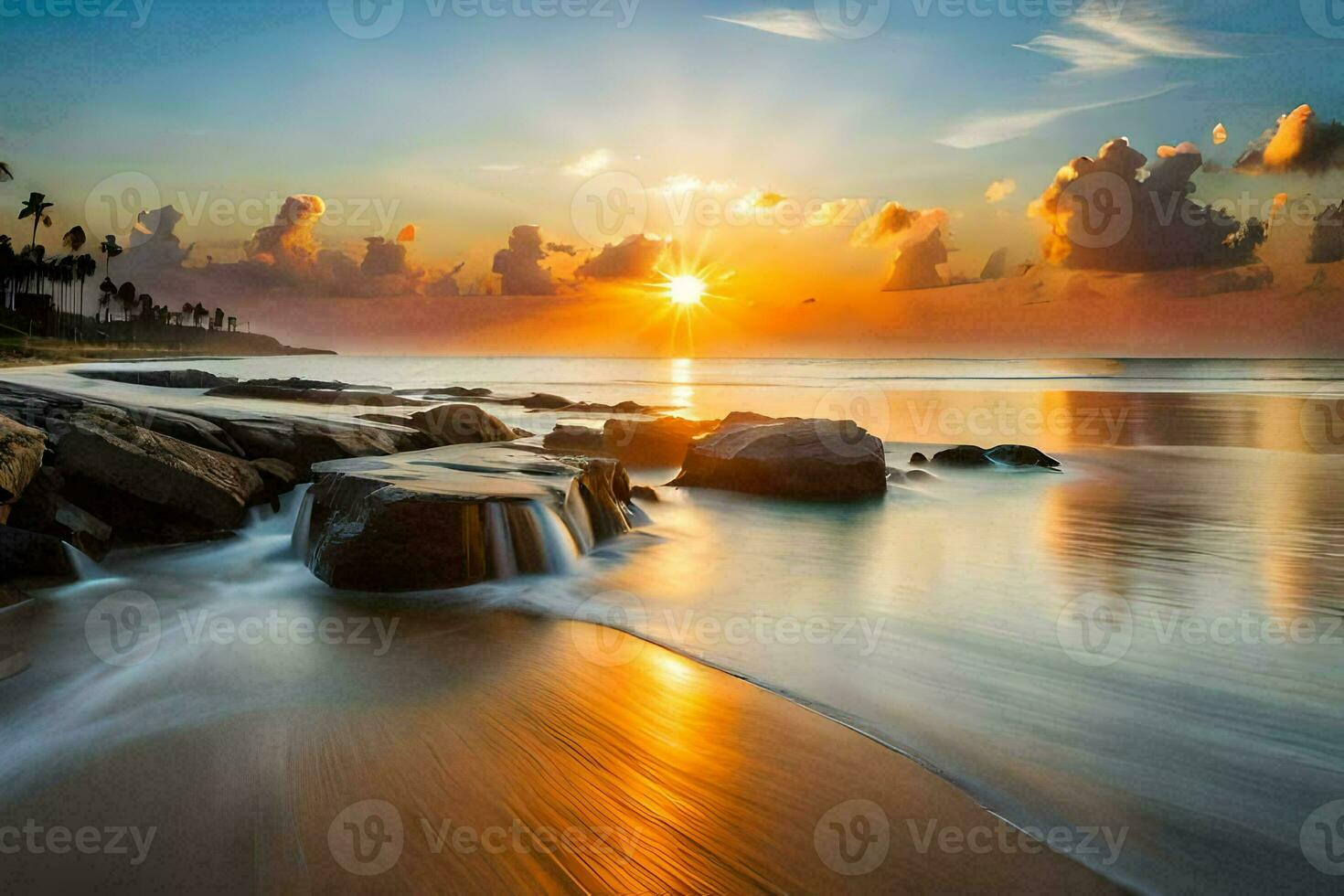 the sun rises over the ocean and rocks on the beach. AI-Generated photo