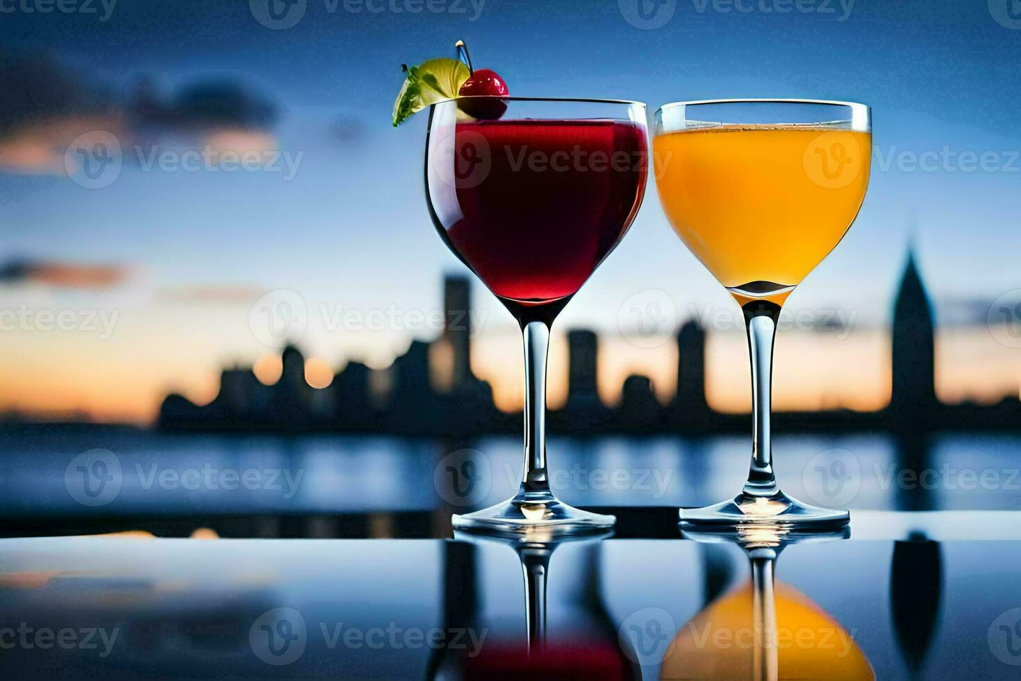 two glasses of juice with a city skyline in the background. AI-Generated photo