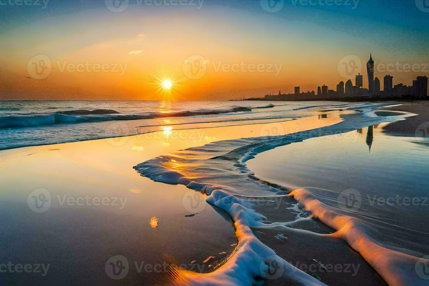 el Dom conjuntos terminado el ciudad horizonte y el océano. generado por ai foto