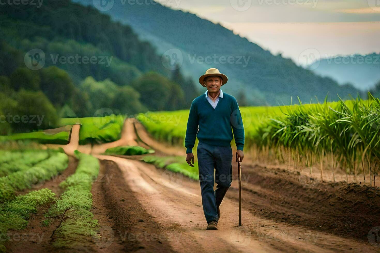 a man walking down a dirt road in a field. AI-Generated photo