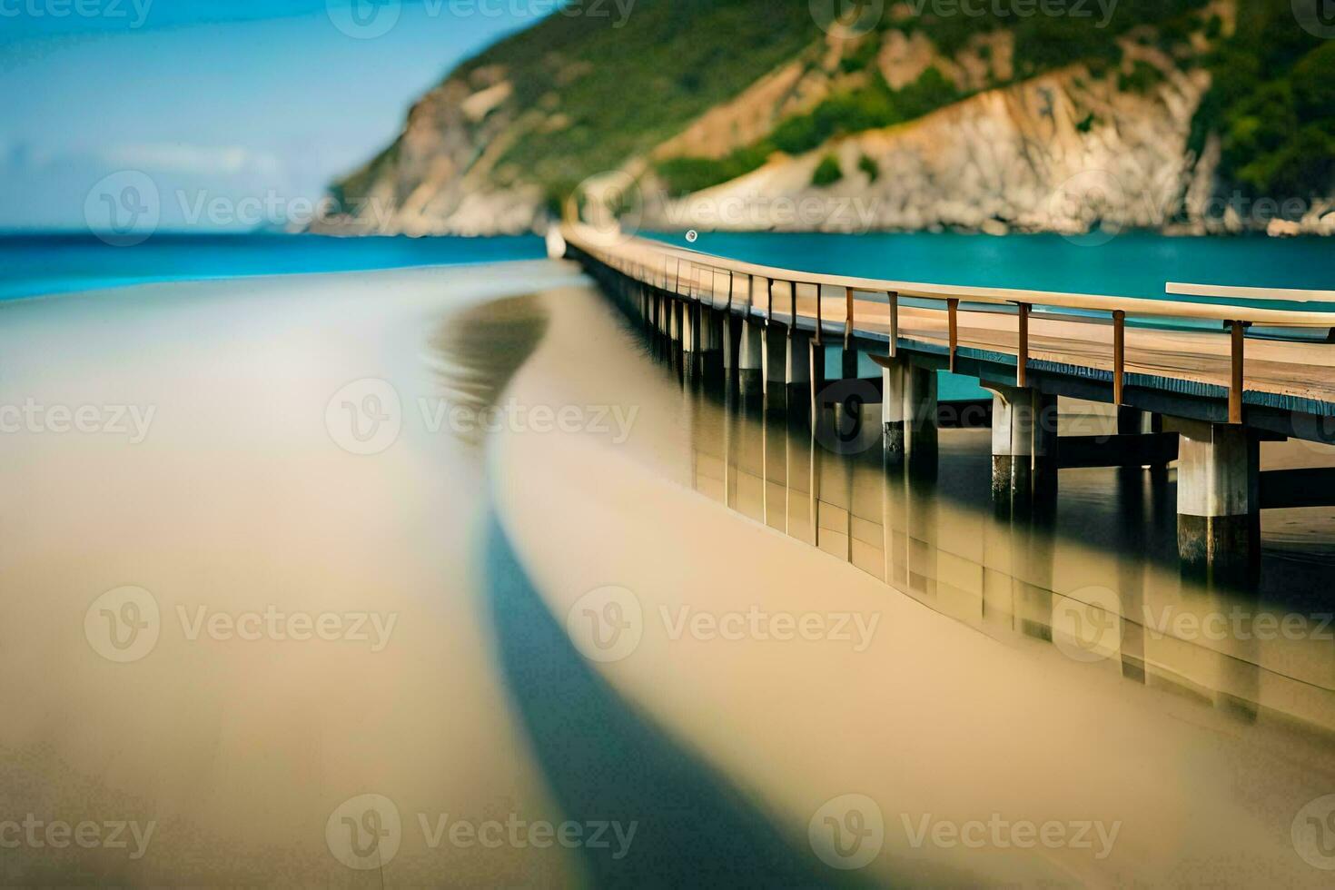 un largo exposición foto de un muelle en el playa. generado por ai