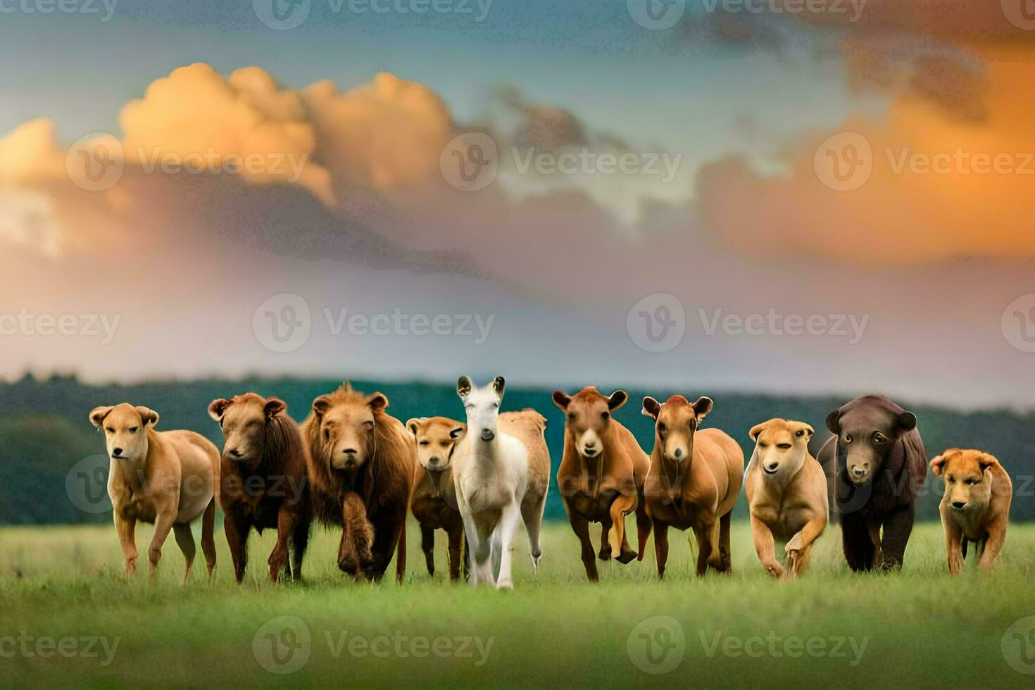 un manada de caballos y vacas corriendo en el campo. generado por ai foto