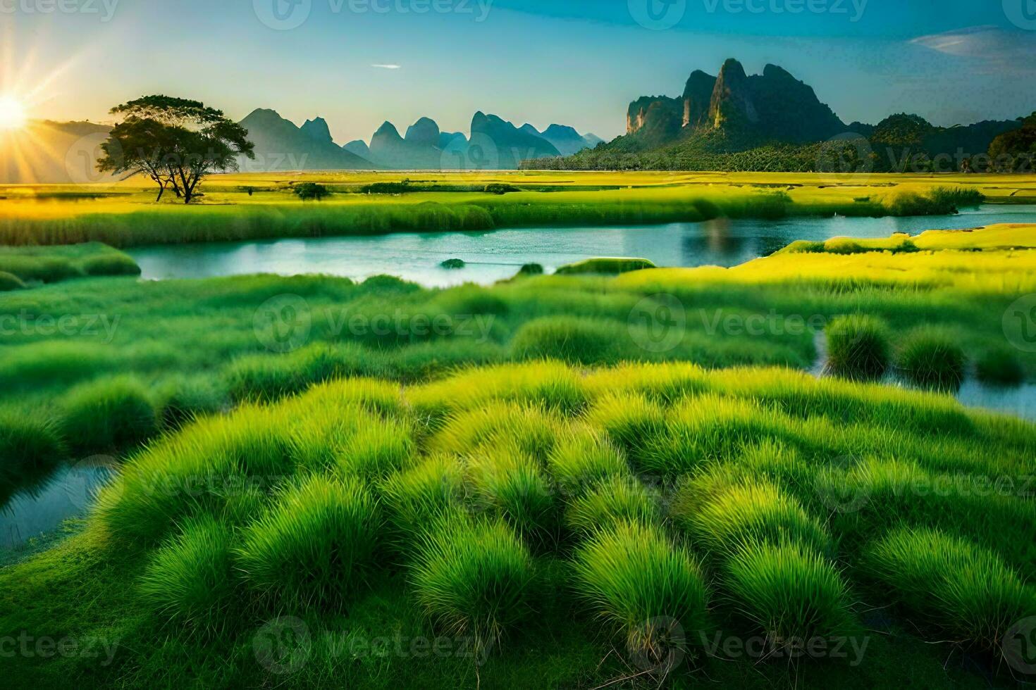 the sun rises over the mountains and grassy fields. AI-Generated photo