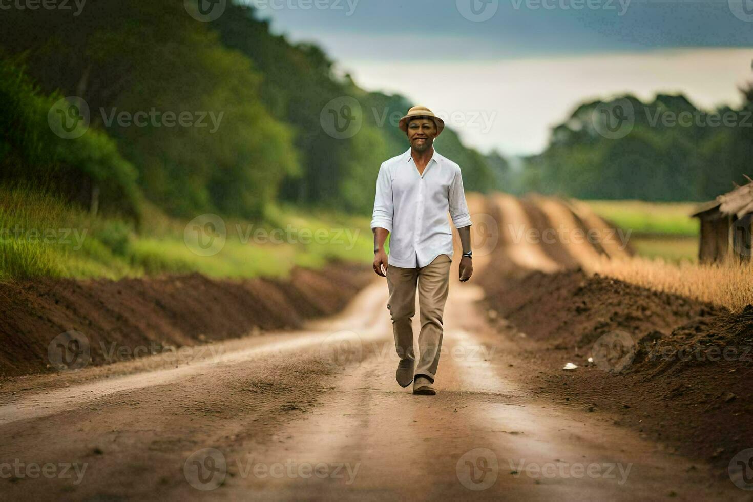 a man in a hat walks down a dirt road. AI-Generated photo