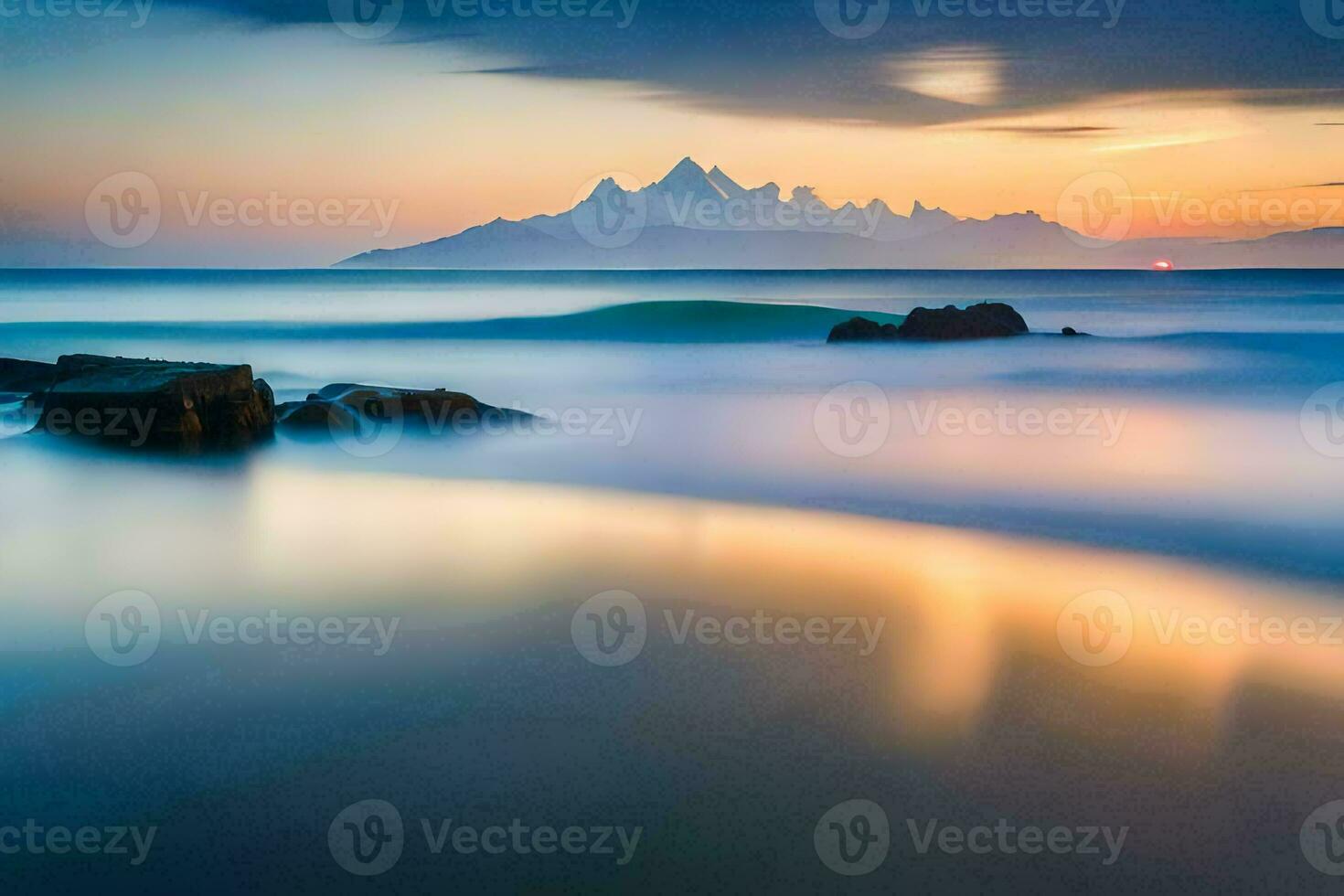 the sun sets over the mountains in this long exposure photograph. AI-Generated photo