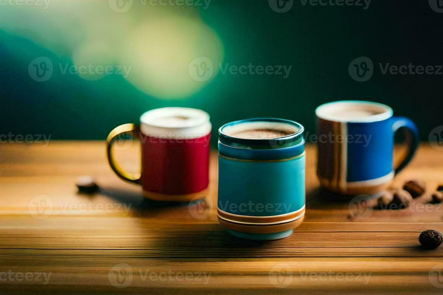 Tres café tazas con Leche y chocolate en un de madera mesa. generado por ai foto