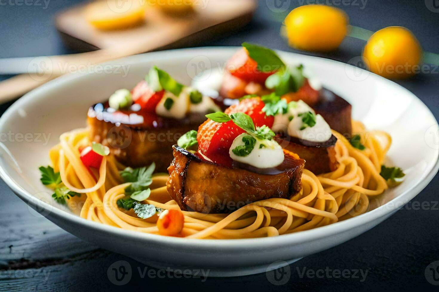 spaghetti with meatballs and tomatoes in a bowl. AI-Generated photo
