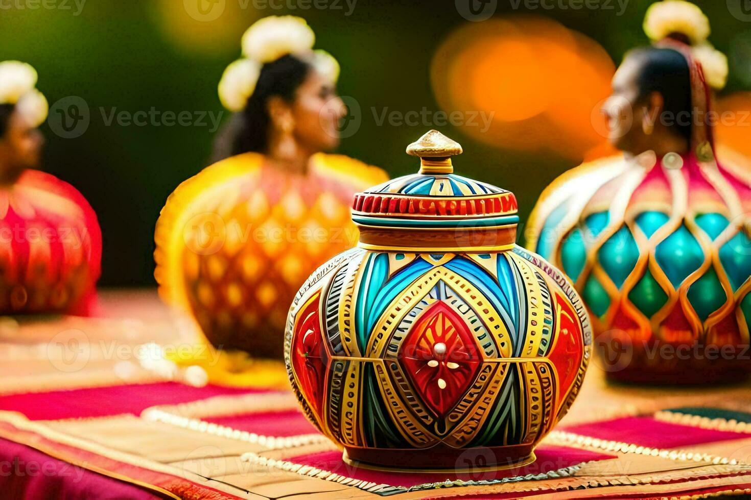 colorful vases on a table with people sitting around them. AI-Generated photo