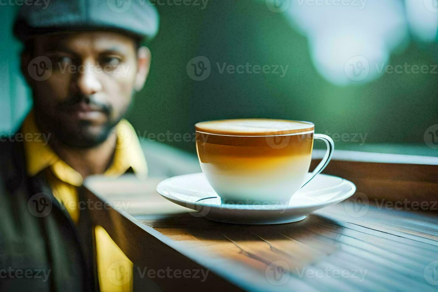 a man in a hat sits in front of a coffee cup. AI-Generated photo