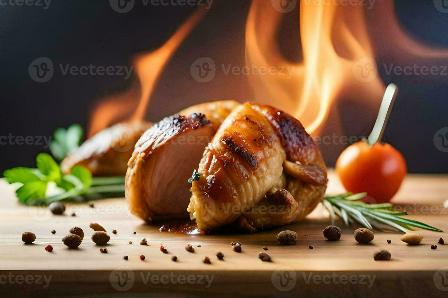 A la parrilla pollo en un de madera corte tablero con fuego. generado por ai foto