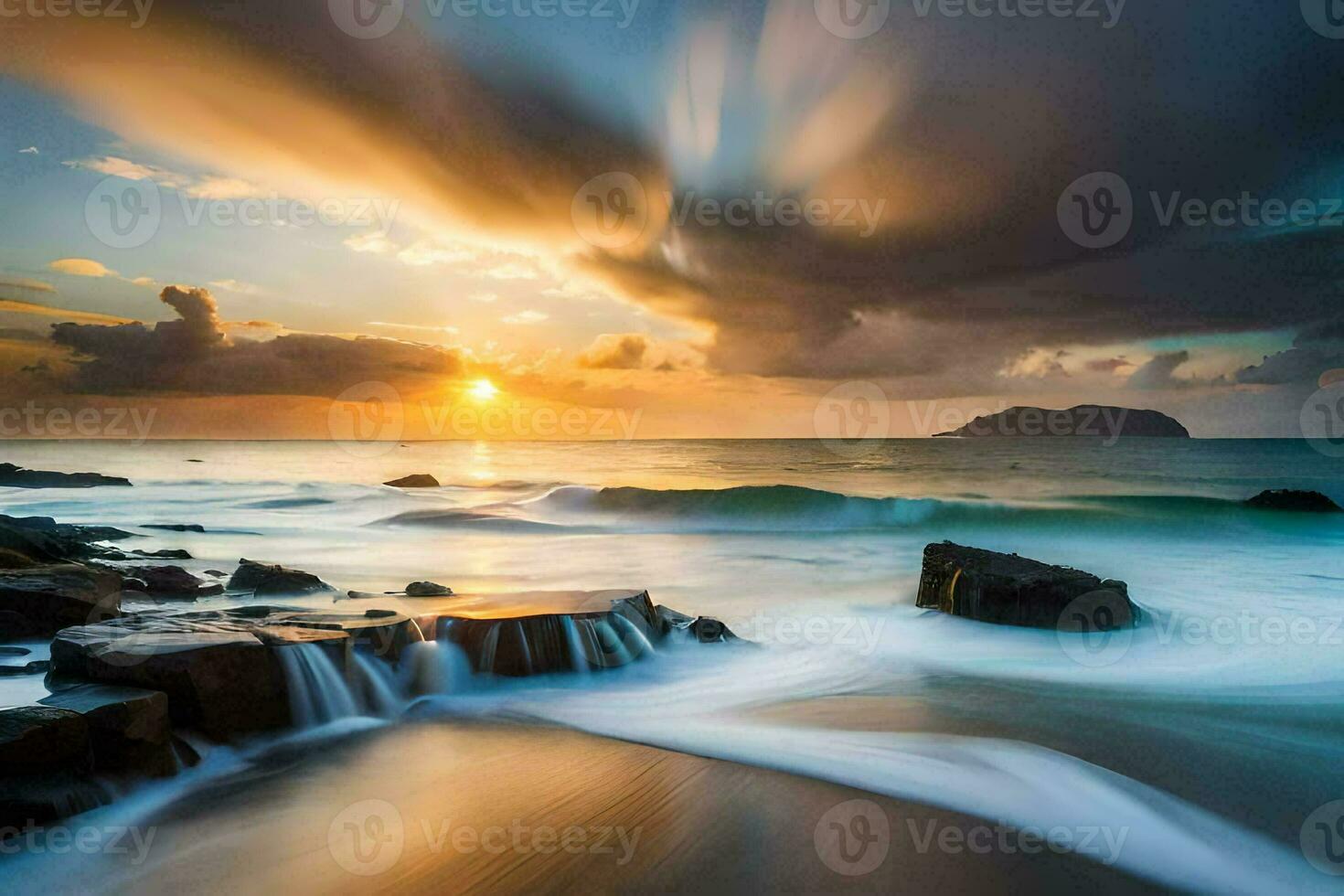 a beautiful sunset over the ocean with waves crashing on the rocks. AI-Generated photo