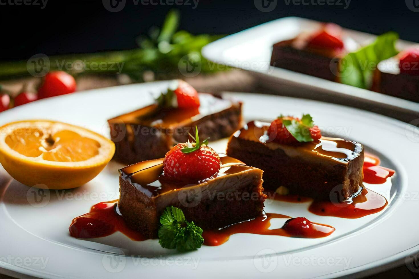 a plate of chocolate cake with strawberries and syrup. AI-Generated photo