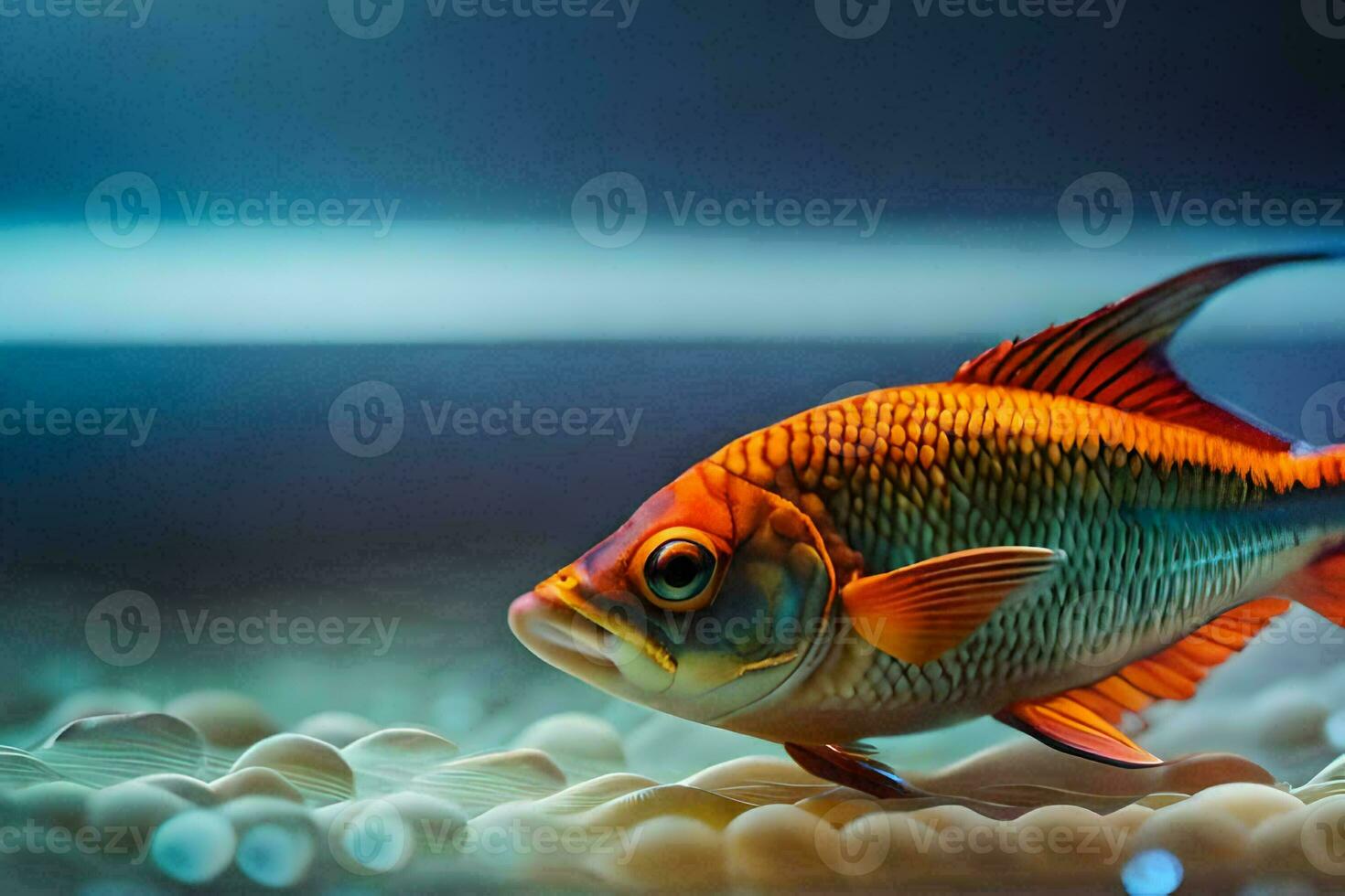a fish in an aquarium with gravel and rocks. AI-Generated photo