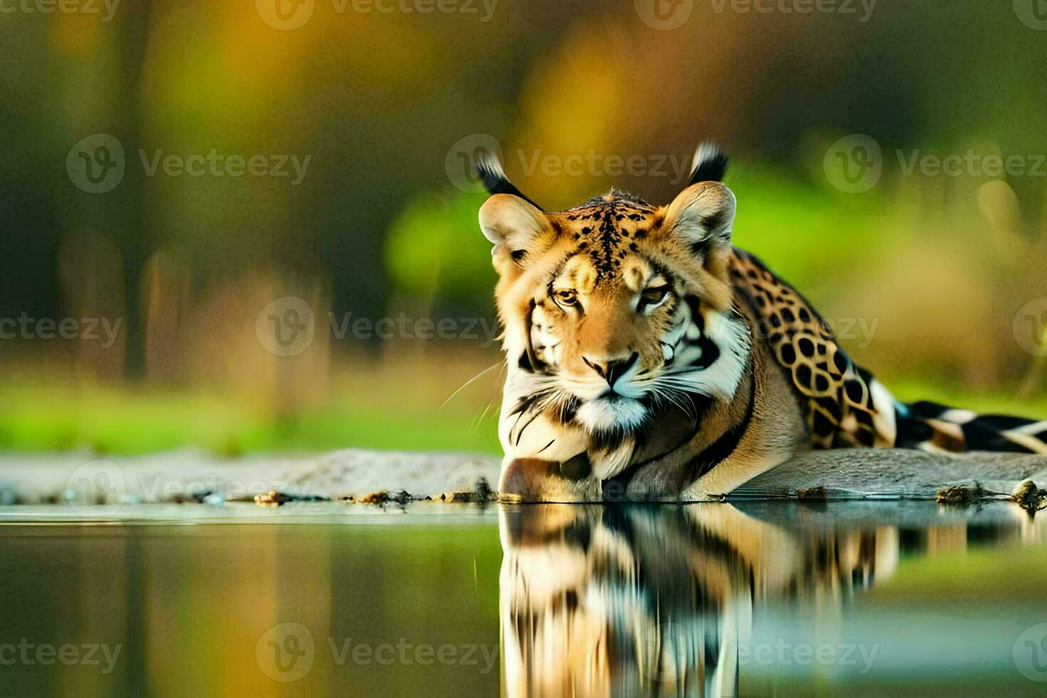 a leopard is sitting on the edge of a lake. AI-Generated photo