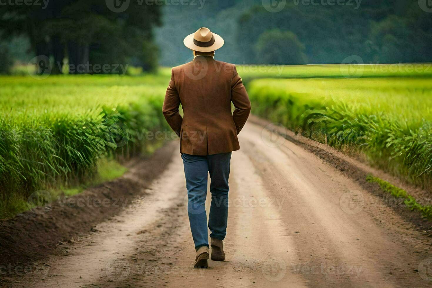 un hombre en un sombrero y chaqueta caminando abajo un suciedad la carretera. generado por ai foto