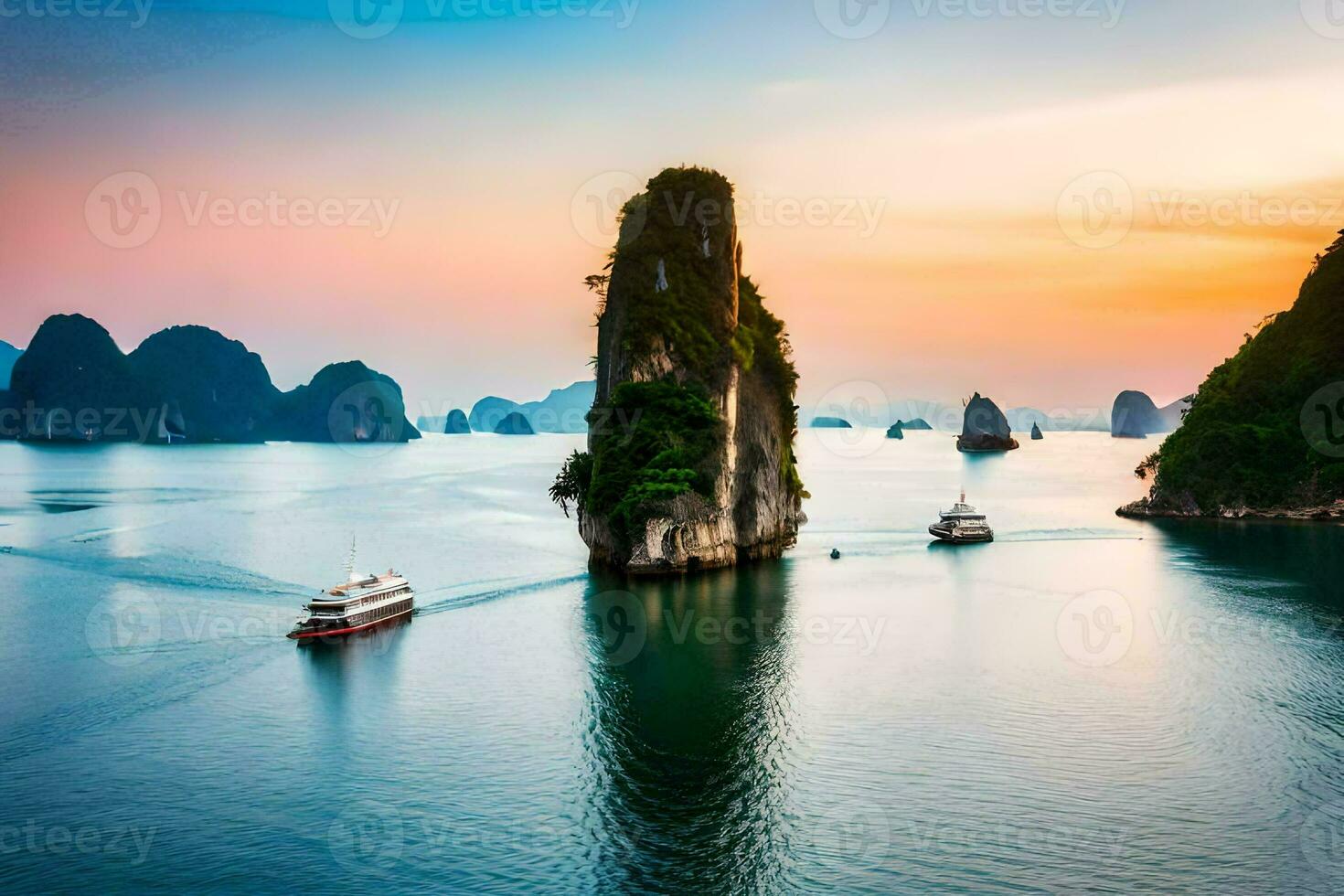 boats in the water near some rock formations. AI-Generated photo