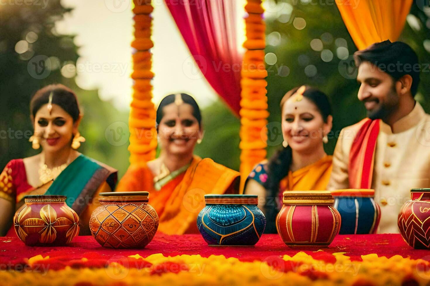a family of indian wedding guests. AI-Generated photo