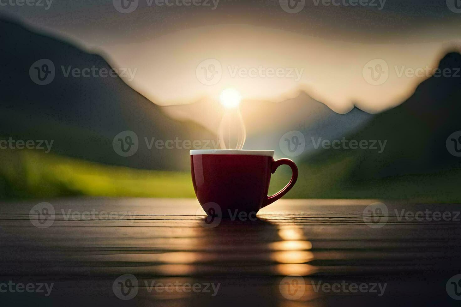 a red cup of coffee on a wooden table in front of a mountain. AI-Generated photo