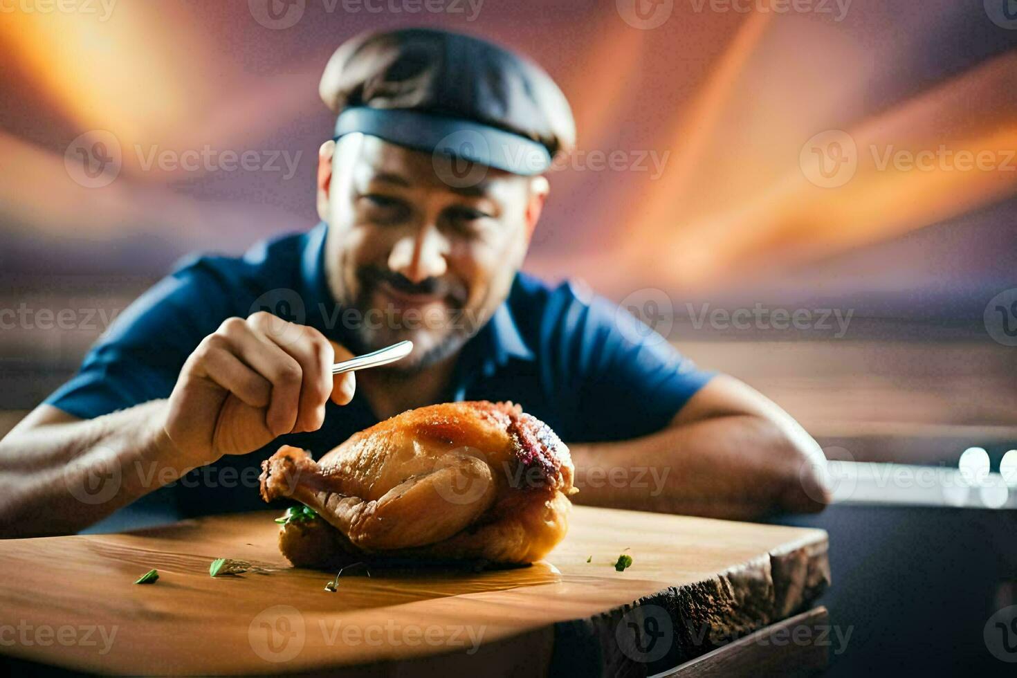 a man in a hat is holding a knife and fork while sitting at a table with a chicken. AI-Generated photo