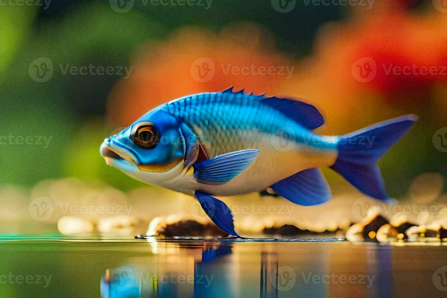 a blue fish is standing on the water. AI-Generated photo