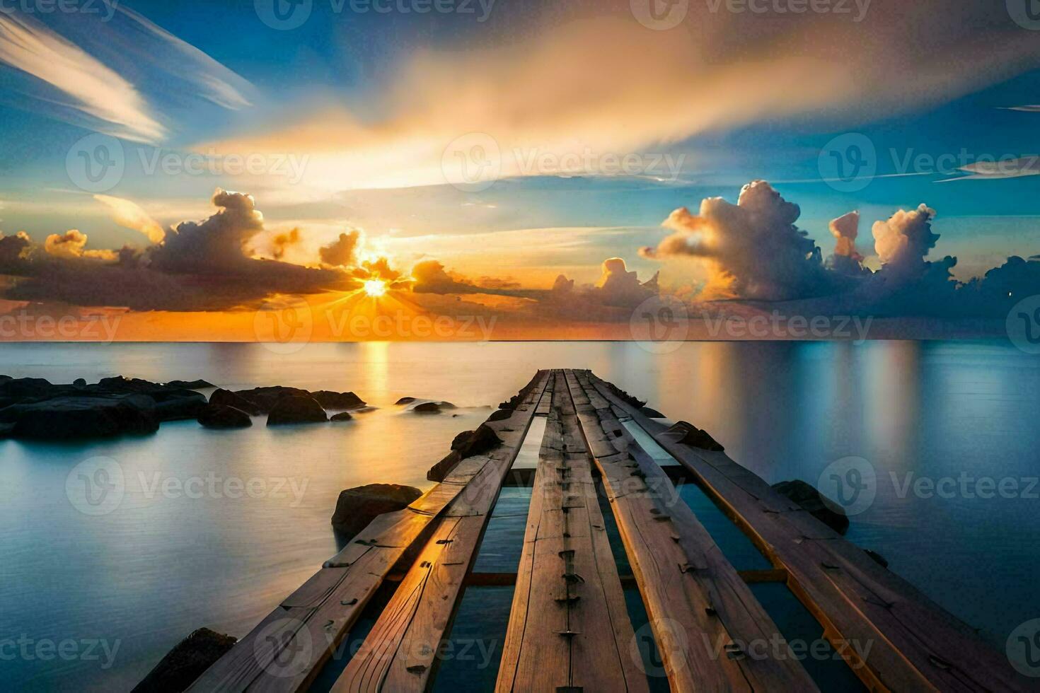 a wooden pier in the ocean at sunset. AI-Generated photo