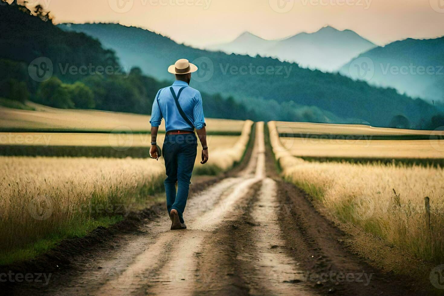 un hombre en un sombrero camina abajo un suciedad la carretera. generado por ai foto