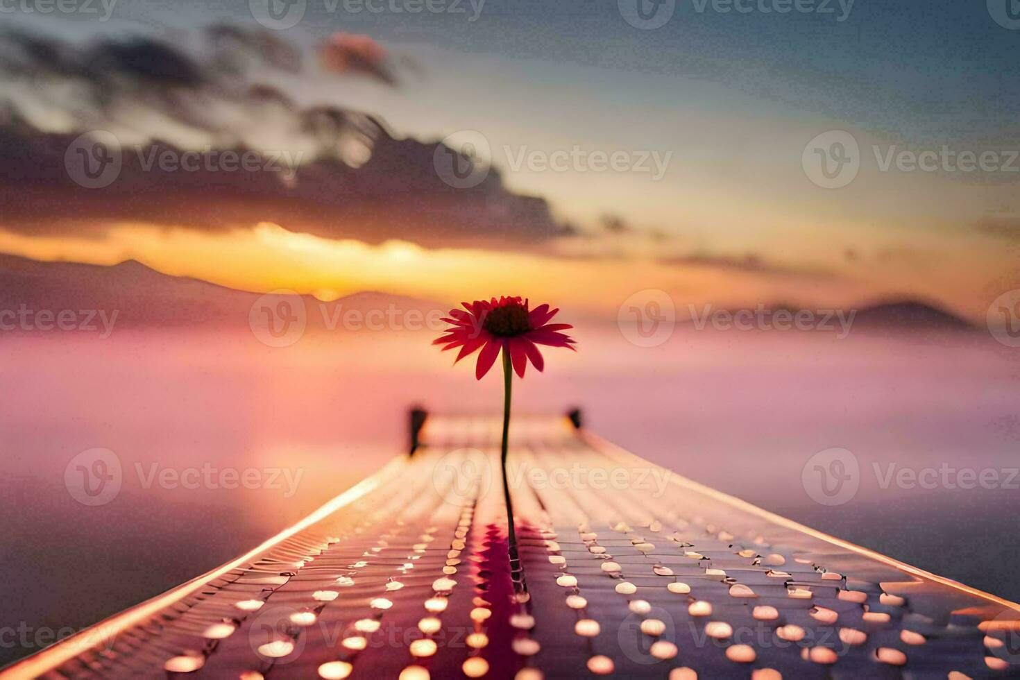 un rojo flor en un muelle con un hermosa puesta de sol. generado por ai foto