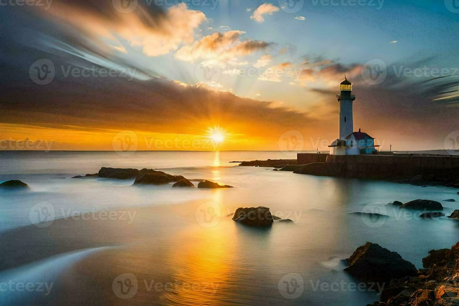 the sun sets over a lighthouse in the ocean. AI-Generated photo