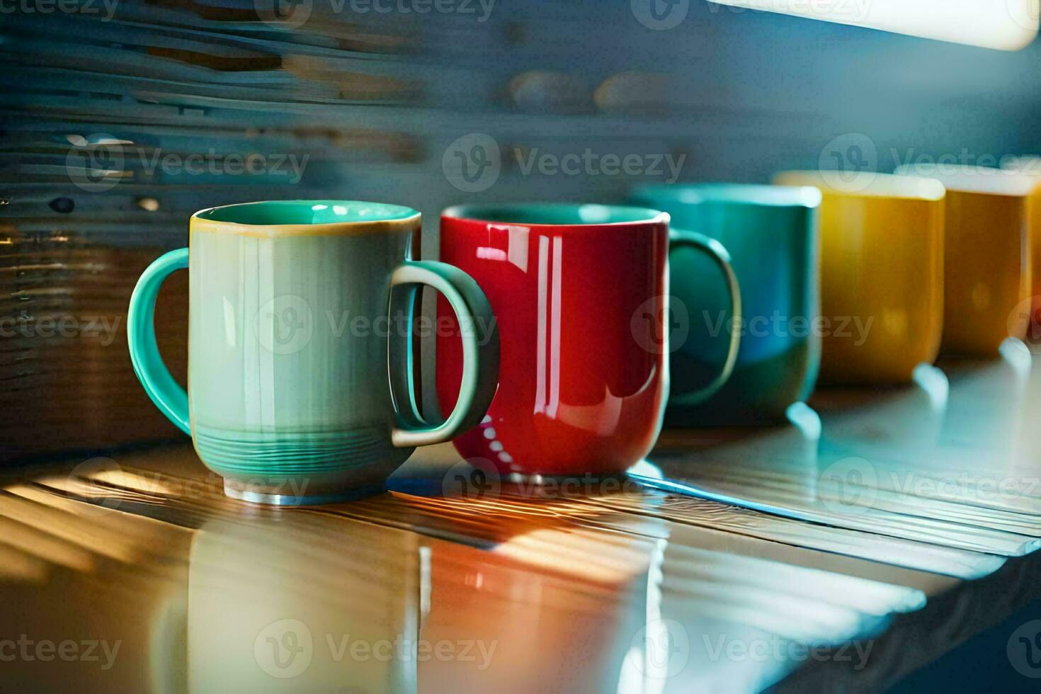 colorful coffee mugs lined up on a table. AI-Generated photo
