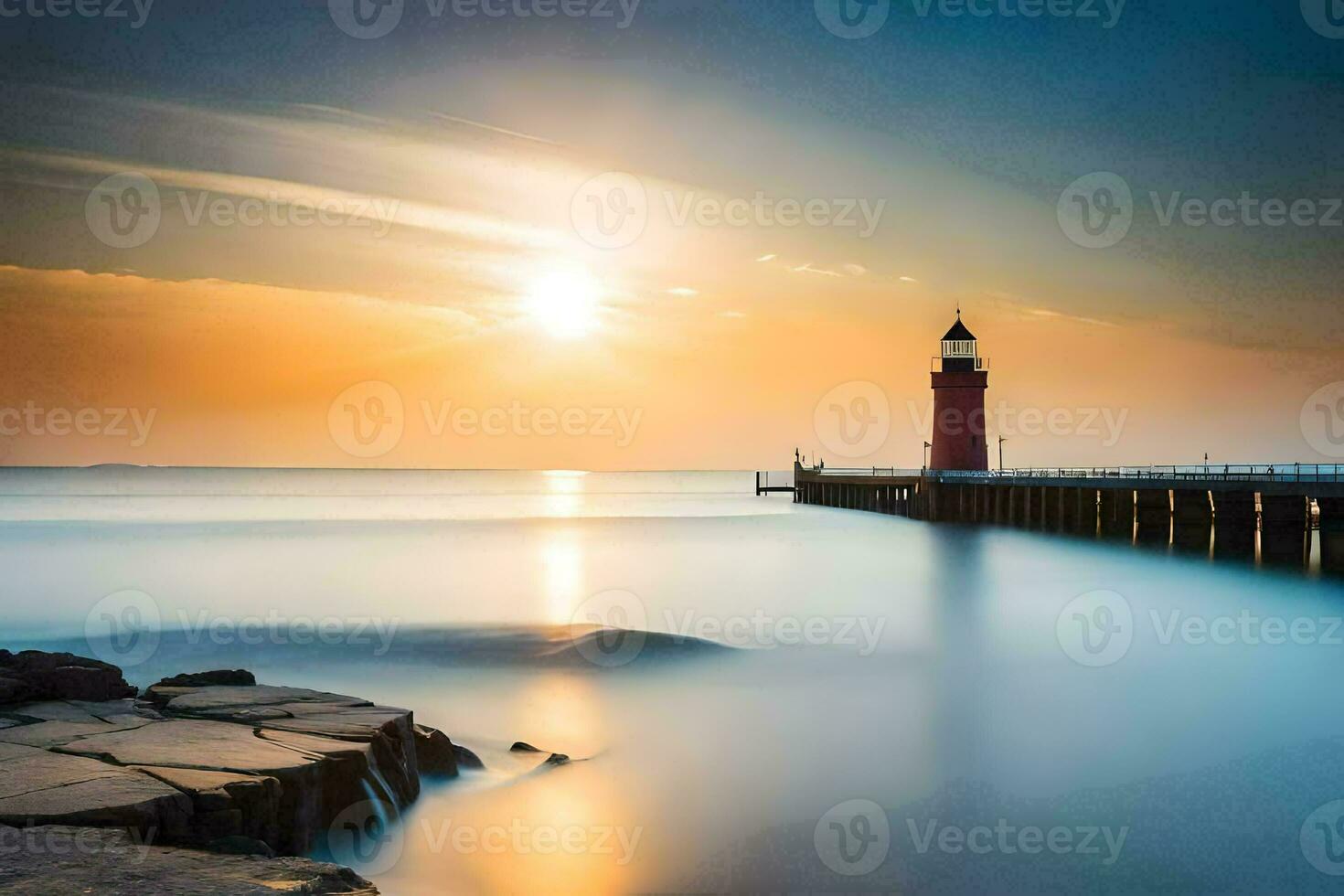 a lighthouse stands in the water at sunset. AI-Generated photo