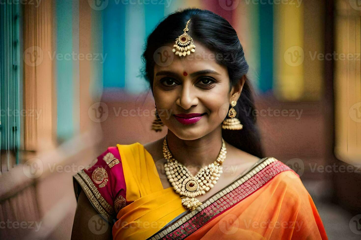 a woman in an orange sari with gold jewelry. AI-Generated photo
