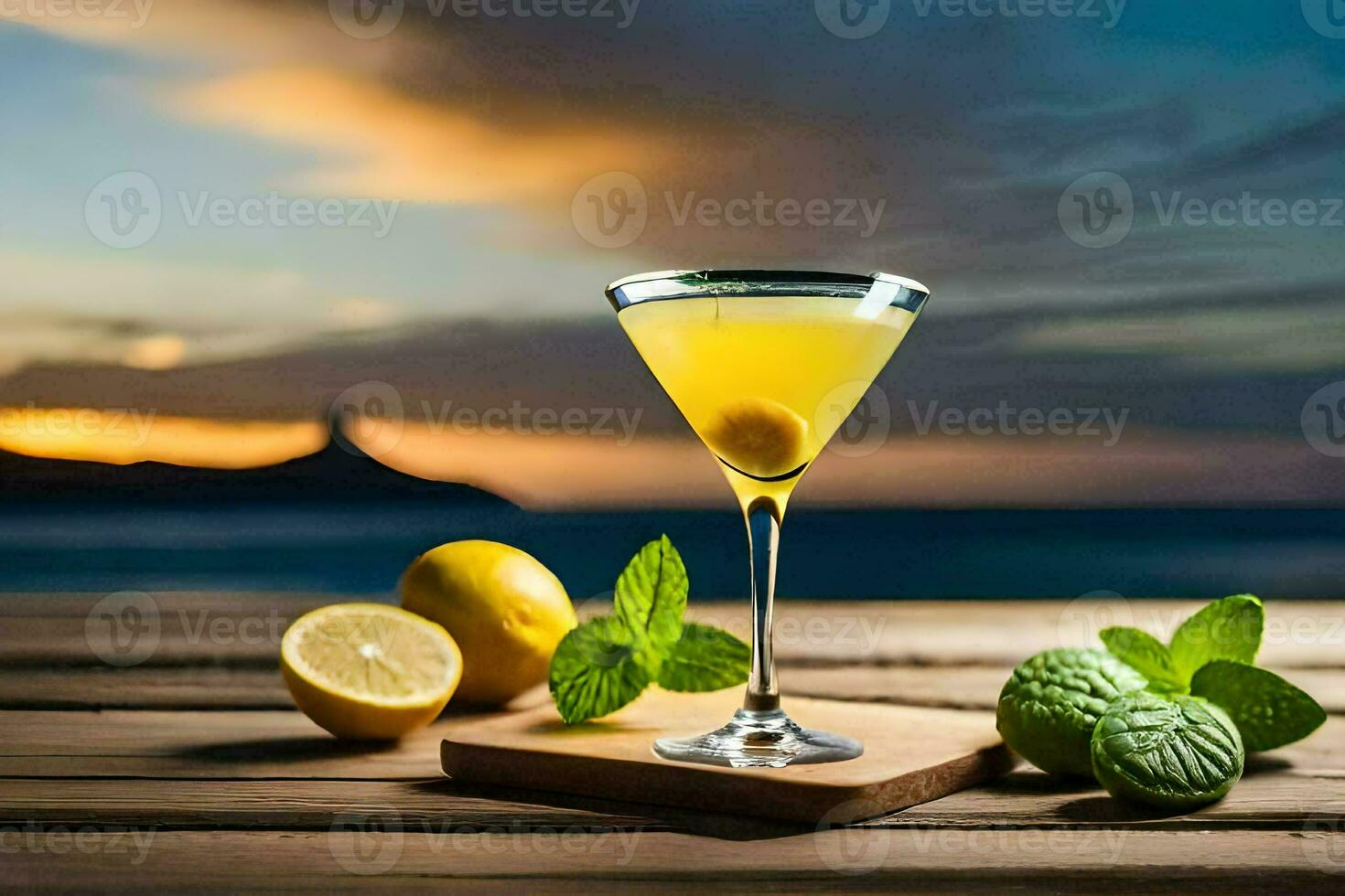 cocktail on a wooden table with sunset in the background. AI-Generated photo