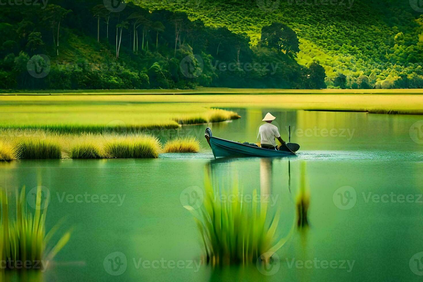 a man in a boat on a lake surrounded by green grass. AI-Generated photo