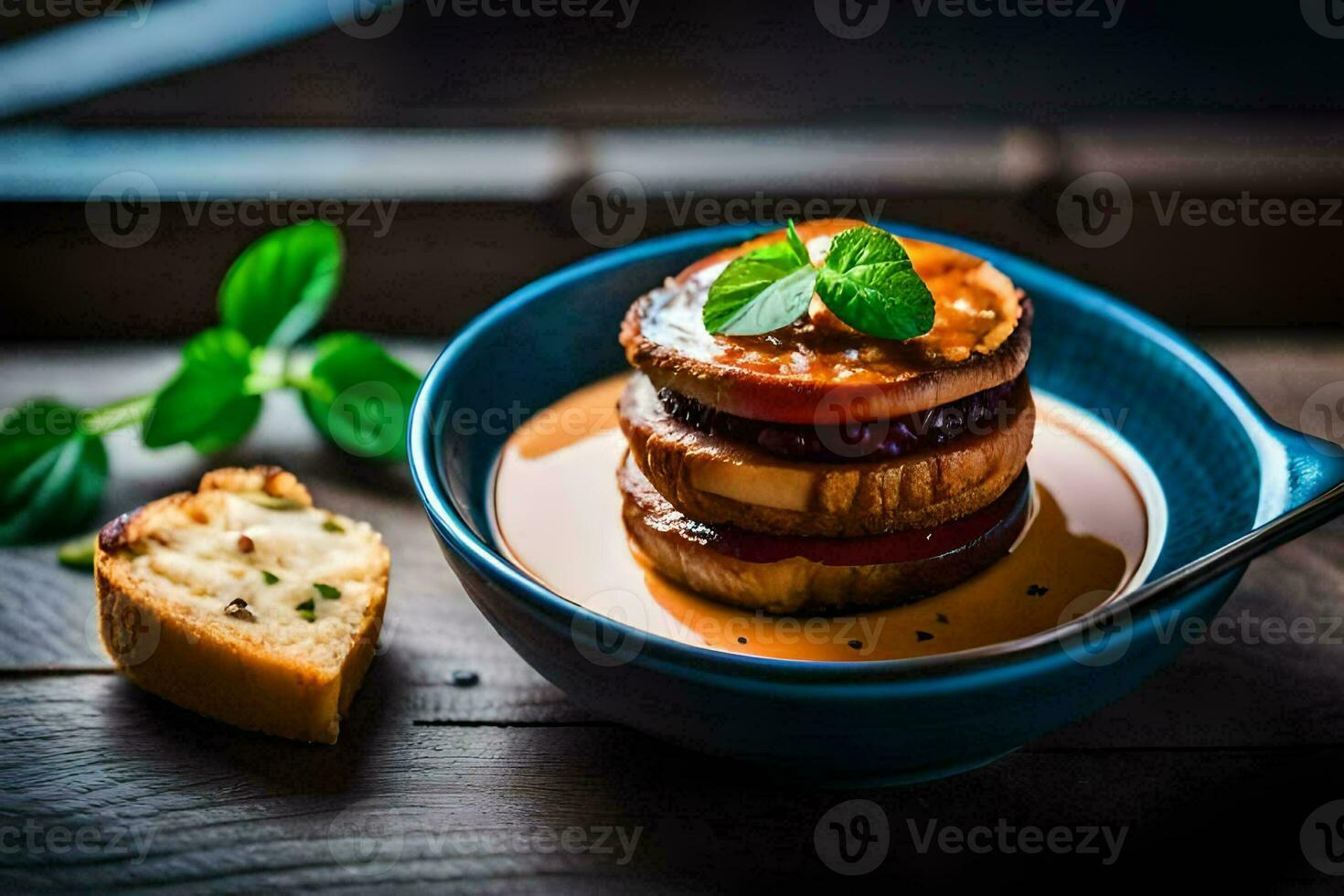 a bowl of food with bread and vegetables. AI-Generated photo
