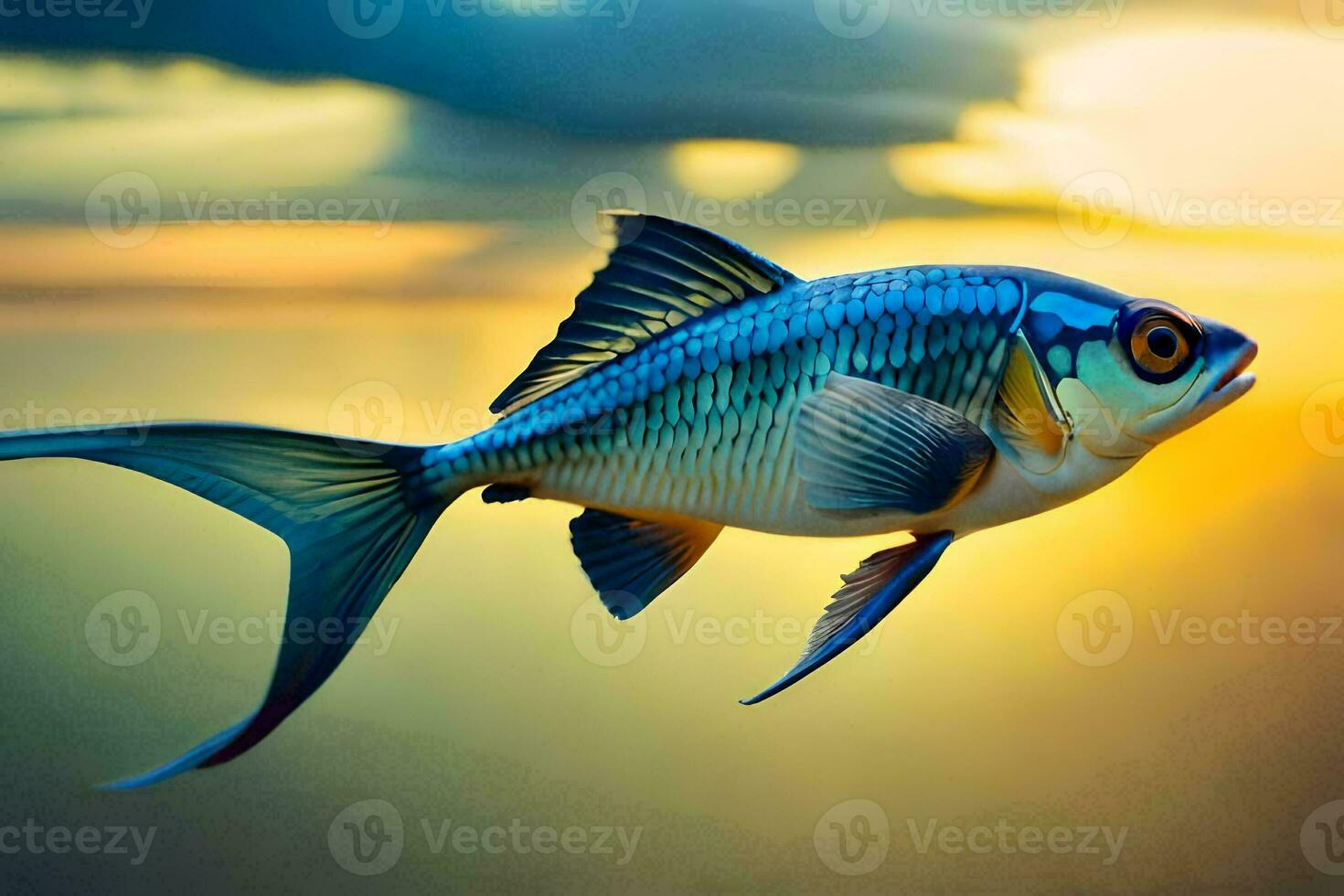 a fish is flying in the air at sunset. AI-Generated photo
