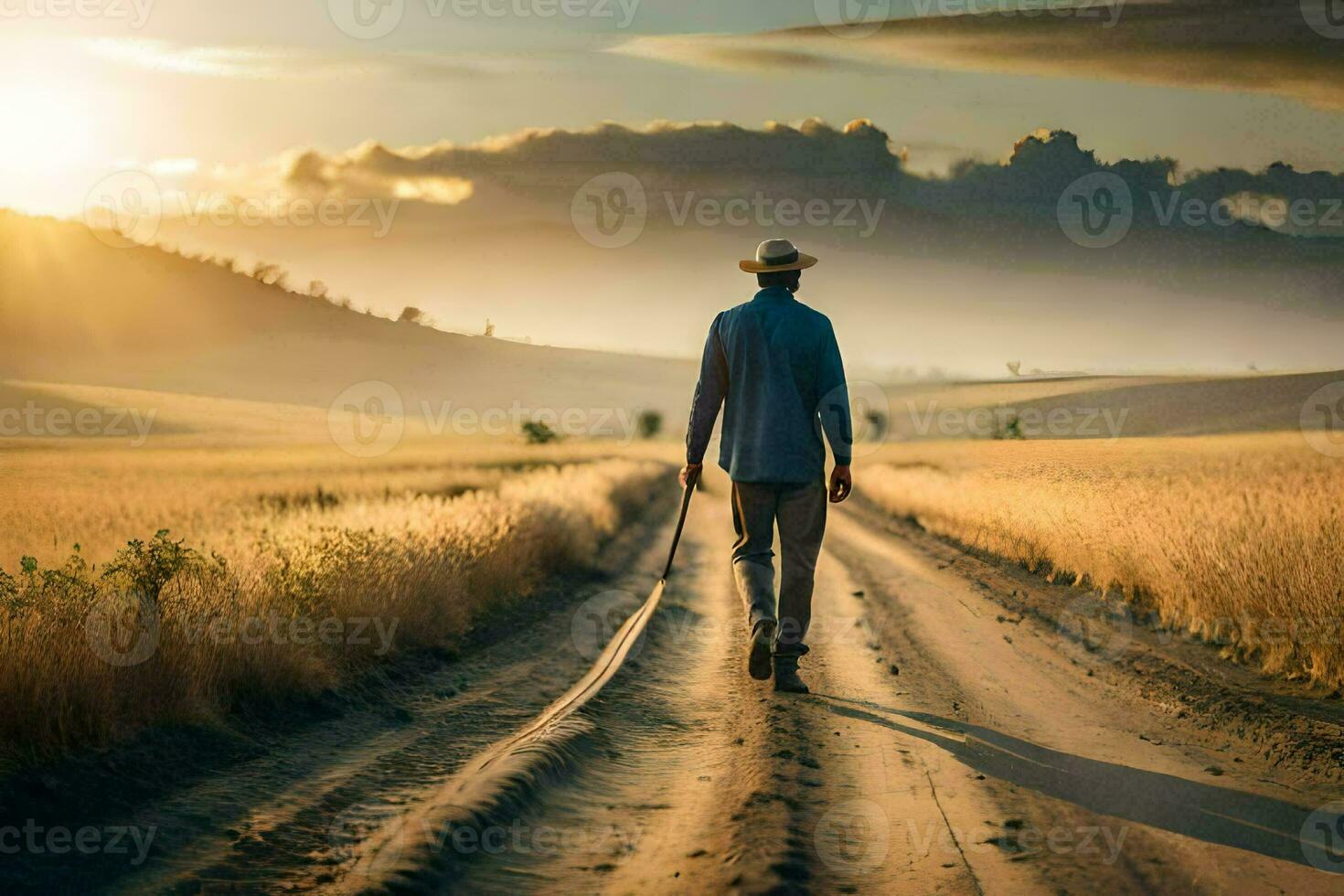 un hombre caminando abajo un suciedad la carretera a puesta de sol. generado por ai foto