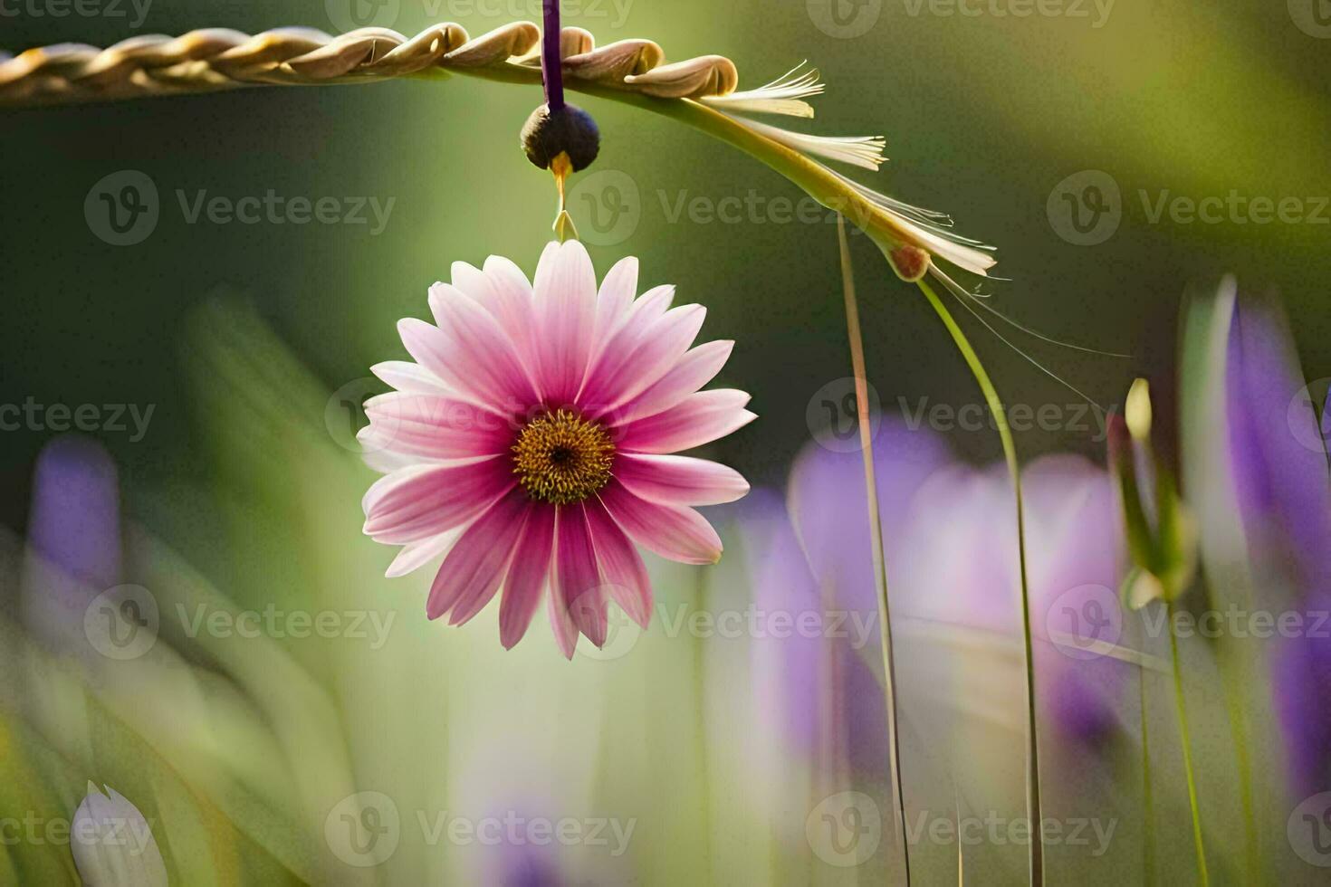 a pink flower hanging from a string. AI-Generated photo
