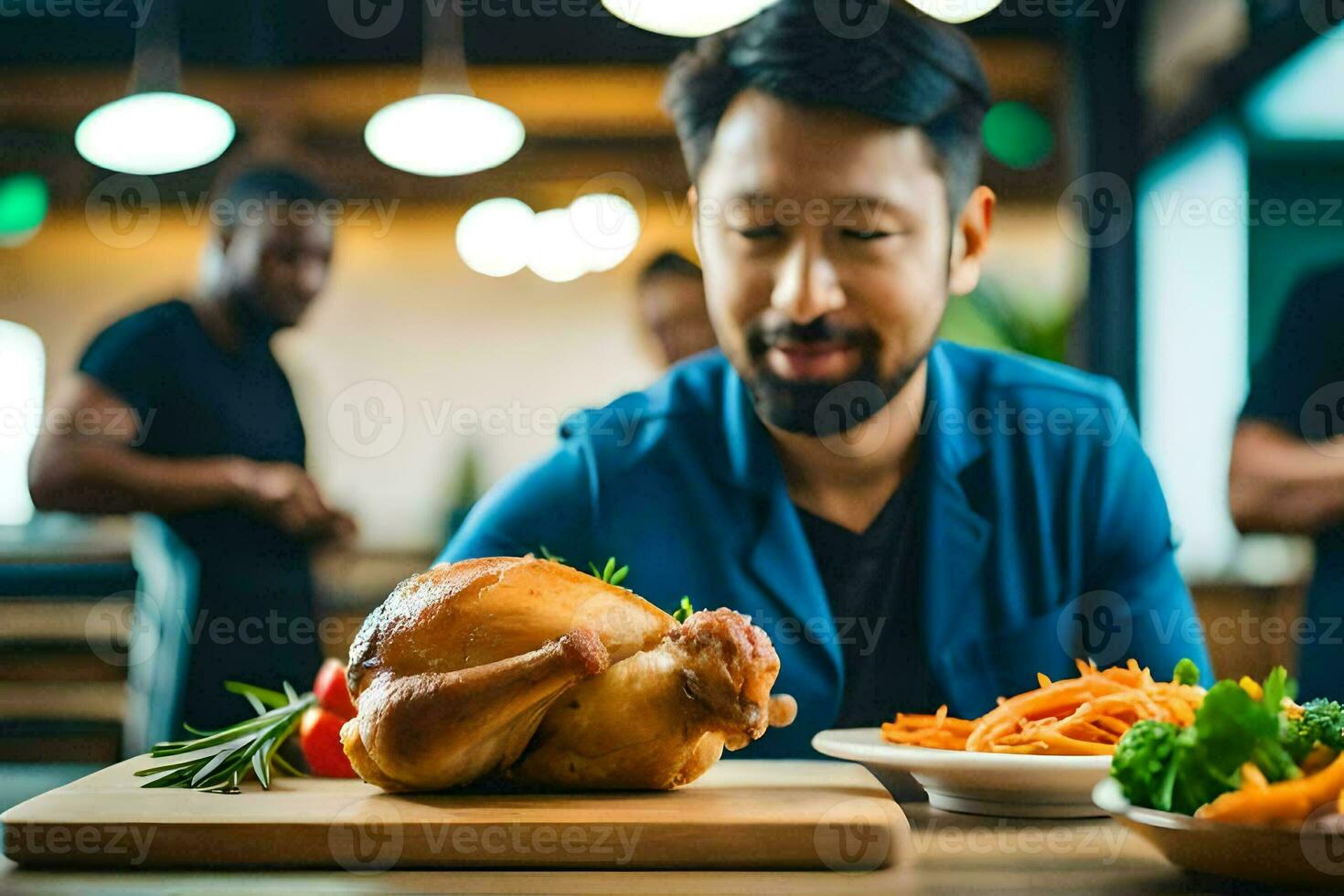 a man is looking at a roasted chicken on a table. AI-Generated photo