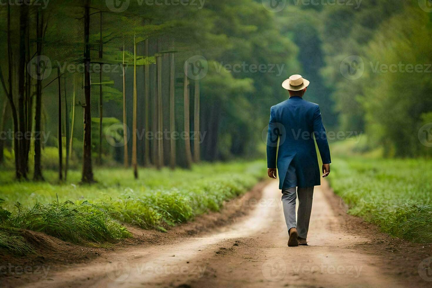 a man in a blue suit and hat walking down a dirt road. AI-Generated photo