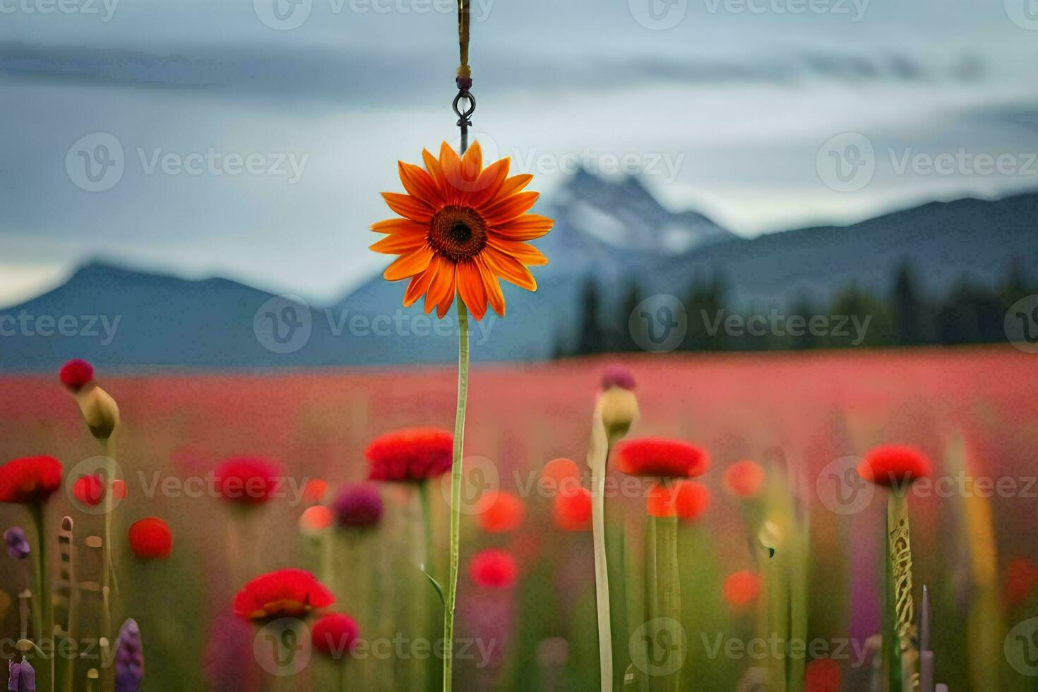 a single orange flower in a field of red flowers. AI-Generated photo