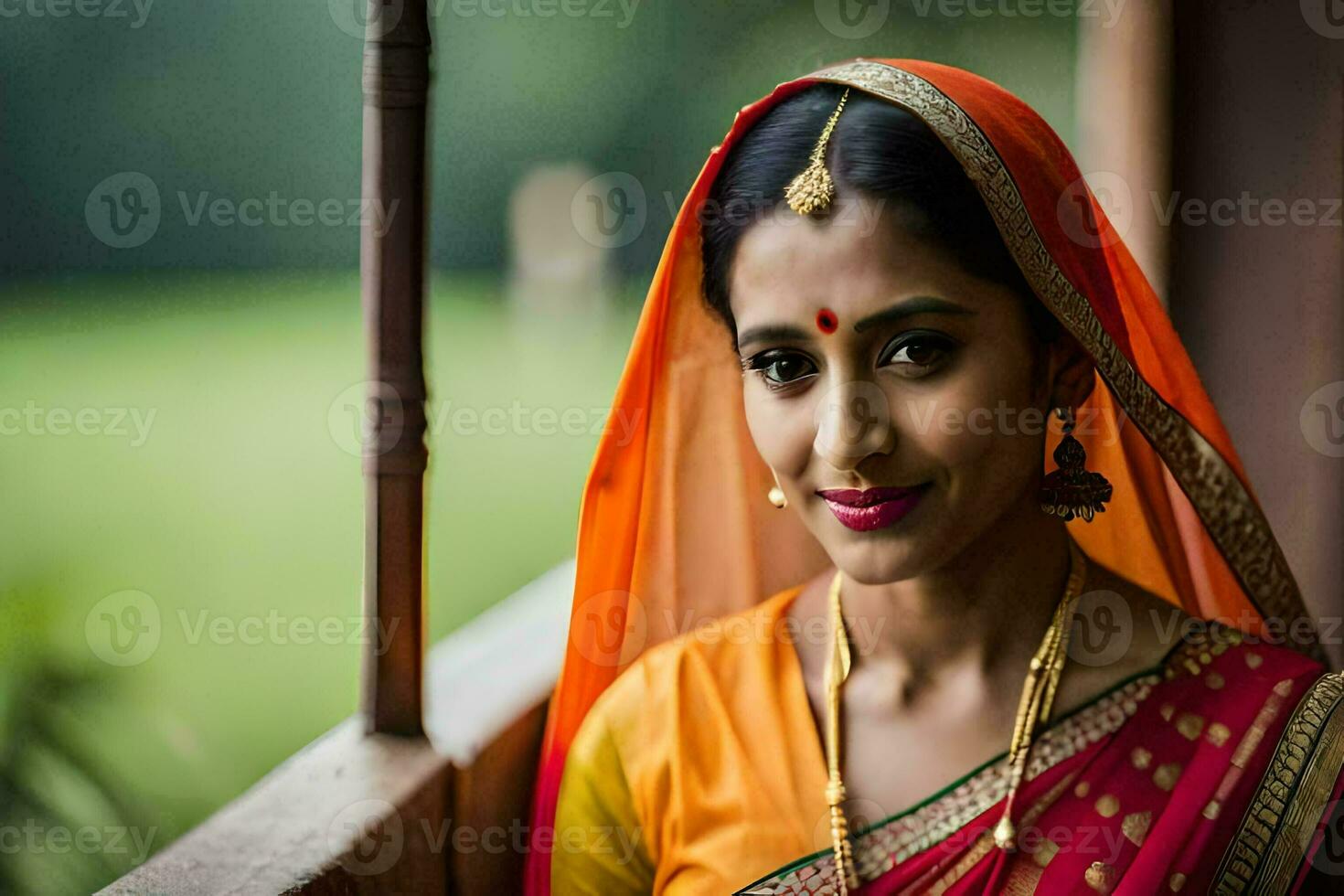 un hermosa indio mujer en un sari. generado por ai foto