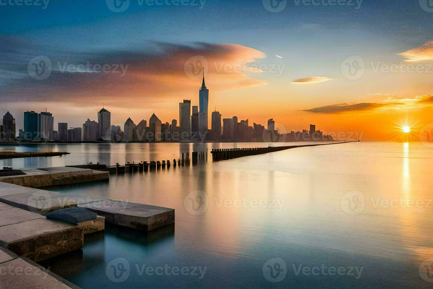 el horizonte de chicago a puesta de sol. generado por ai foto