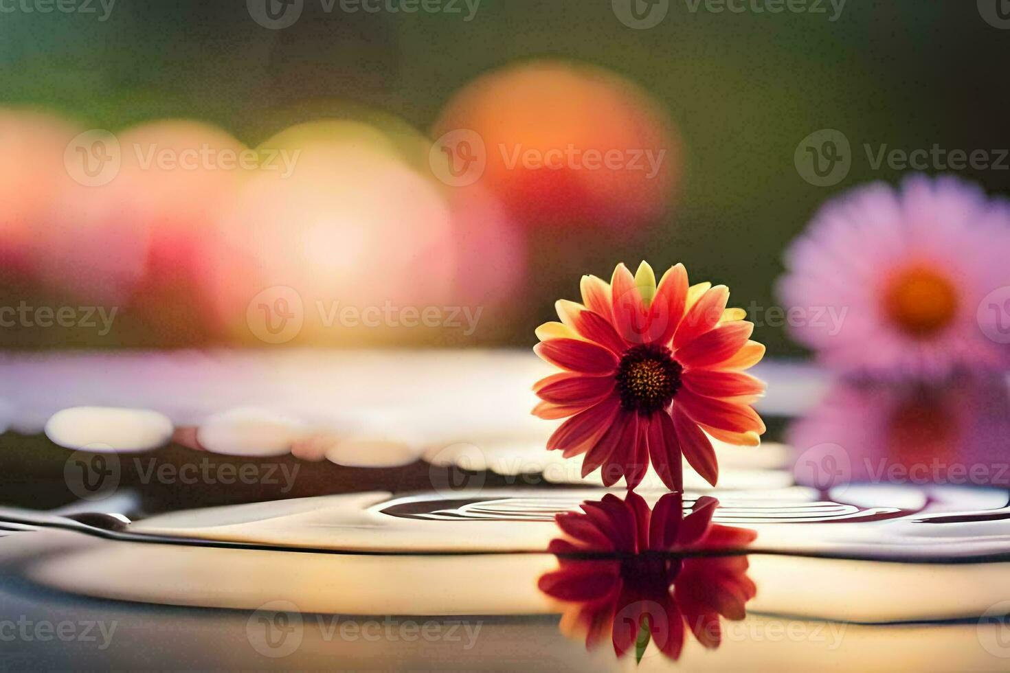 a flower is reflected in water with a bright background. AI-Generated photo
