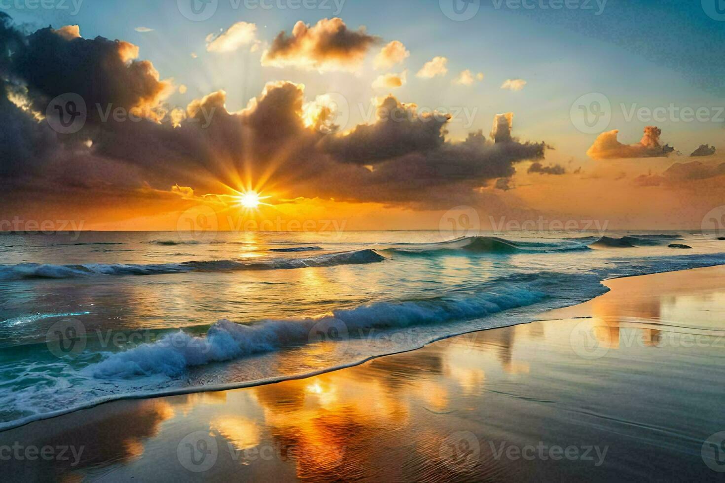 the sun rises over the ocean and the waves on the beach. AI-Generated photo