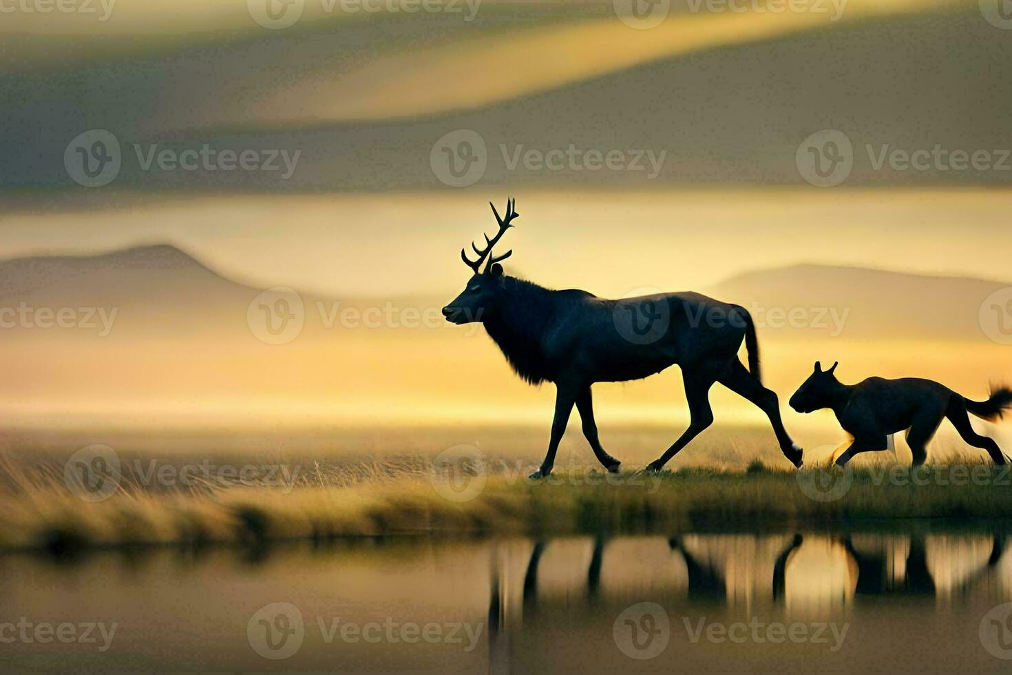 a deer and her calf walk across a field. AI-Generated photo