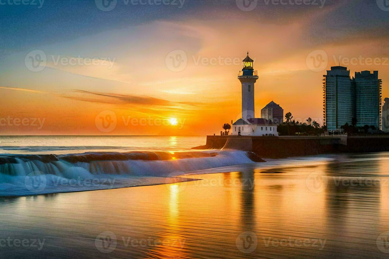 the lighthouse is in the foreground of the sunset. AI-Generated photo