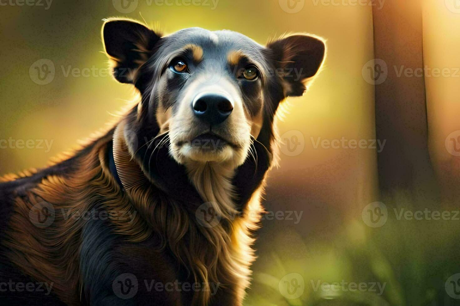 a dog is standing in the grass with the sun behind it. AI-Generated photo