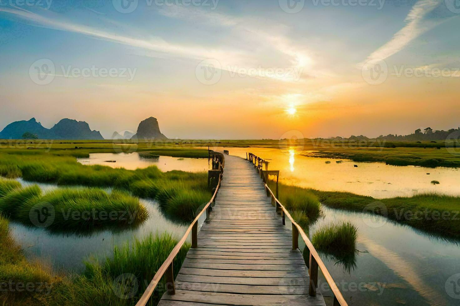 the boardwalk in the sunset. AI-Generated photo