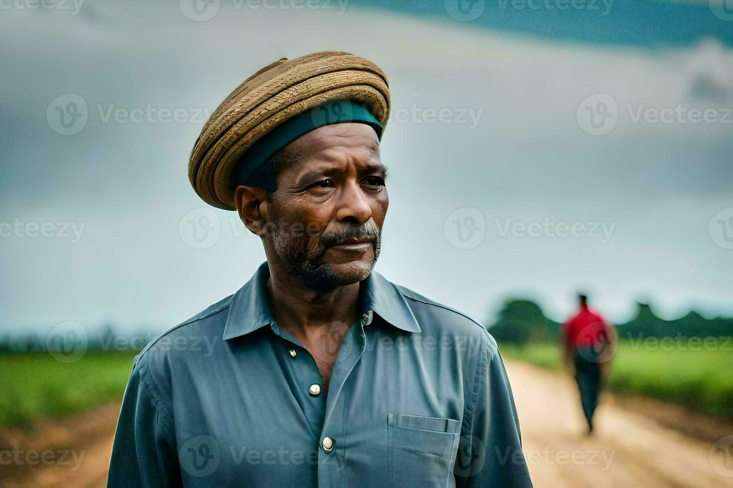 a man in a hat stands on a dirt road. AI-Generated photo