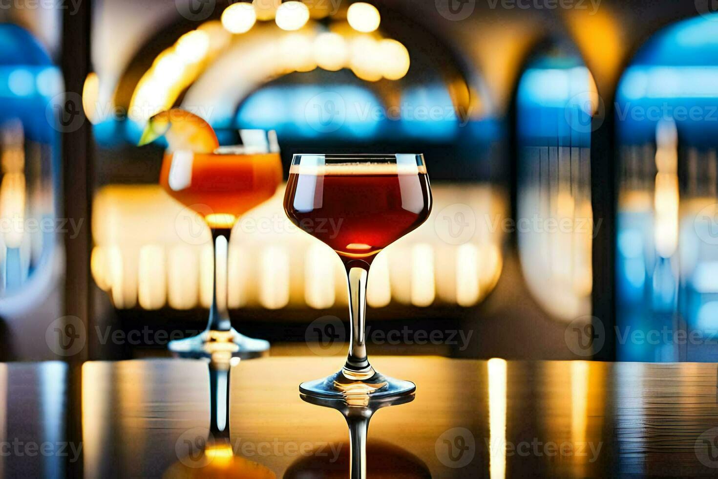 two glasses of wine on a bar counter. AI-Generated photo